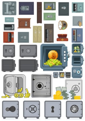 Collection of Various Safe Deposit Boxes and Vaults with Cash and Bitcoin Free Vector