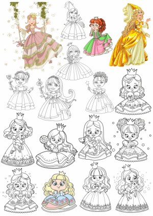 Princess Coloring Pages and Colored Princess Illustrations Collection Free Vector