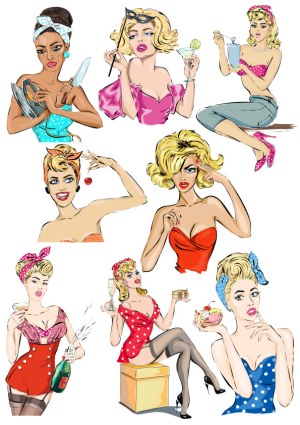 Set of Retro Pin-Up Girl Vectors in Various Poses and Outfits Free Vector