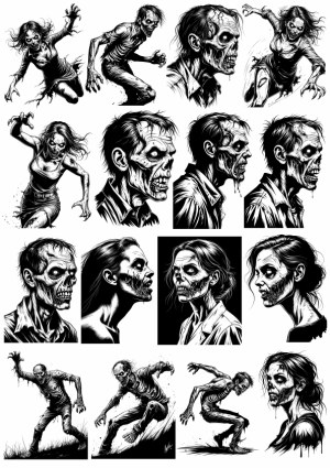 Black and White Zombie Character Illustrations Set Free Vector