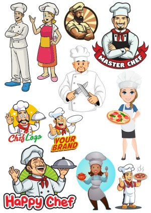 Collection of Cartoon Chef Characters and Culinary Logos Free Vector