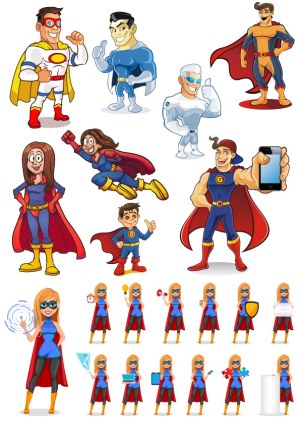Set of Cartoon Superhero Characters in Various Poses and Actions Free Vector