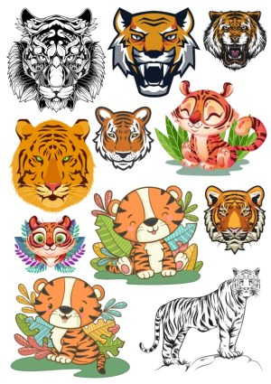 Collection of Various Tiger Illustrations and Cartoon Tigers Free Vector