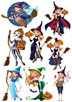 Cartoon Halloween Witch Characters with Pumpkins and Brooms Free Vector