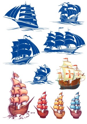 Set of Vintage Sailing Ship Vectors with Color and Blue Tones Free Vector
