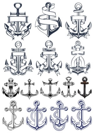 Set of Vintage and Classic Anchor Vector Illustrations with Ribbons and Ropes Free Vector