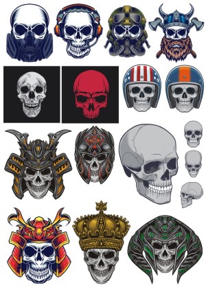 Collection of Skull Vector Illustrations with Various Helmets and Headgear Free Vector