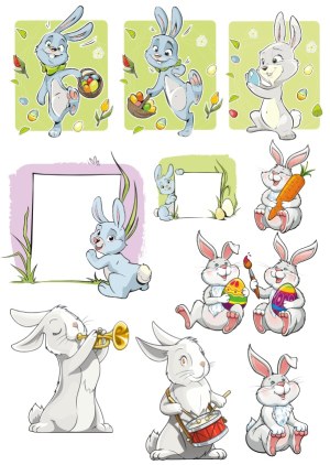 Cartoon Easter Bunnies with Eggs, Carrot, and Musical Instruments Free Vector