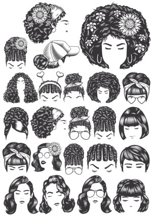 Black and White Female Hairstyle and Head Accessory Vector Collection Free Vector