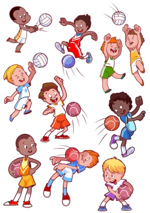 Kids Playing Volleyball and Basketball Cartoon Vector Set Free Vector