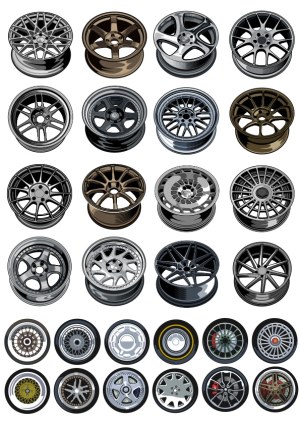 Set of 25 Detailed Vector Car Wheel Rims and Tires Free Vector
