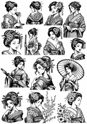 Detailed Black and White Vector Illustrations of Traditional Japanese Geishas Free Vector