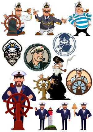 Cartoon Nautical Captain and Sailor Vector Illustrations Free Vector