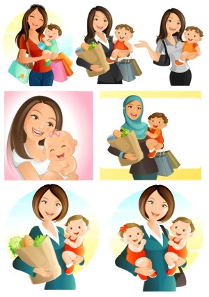 Vector Illustrations of Mothers with Babies and Shopping Bags Free Vector