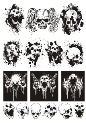 Grunge Black and White Skull Collection with Guns and Abstract Ink Splatter Free Vector