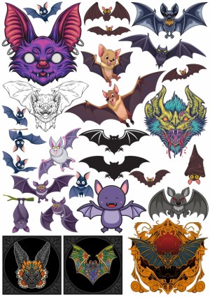 Collection of Various Stylized Bat Illustrations and Icons Free Vector