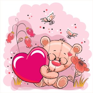Cute Teddy Bear Holding Pink Heart with Flowers and Butterflies Free Vector