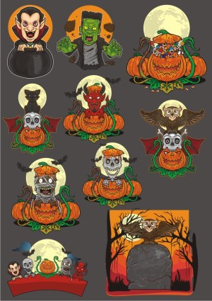 Set of Halloween Horror Characters and Pumpkins with Full Moon Free Vector