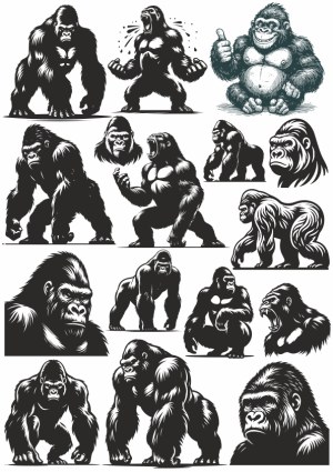 Collection of Black and White Gorilla Vector Illustrations Free Vector