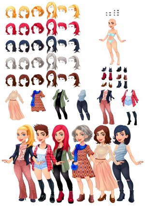 Editable Female Character Creator with Various Hairstyles, Eyes, Clothes, and Shoes Free Vector