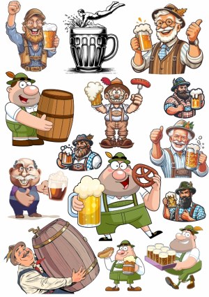 Collection of Cartoon Oktoberfest Characters with Beer and Snacks Free Vector