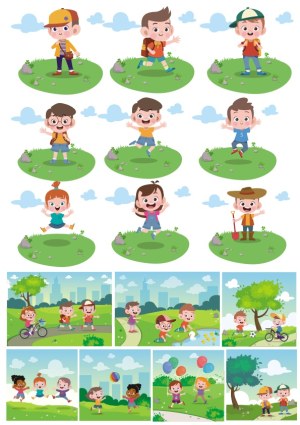 Happy Kids Playing Outdoors Vector Set Free Vector