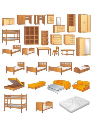 Vector Set of Various Wooden Furniture and Beds Free Vector
