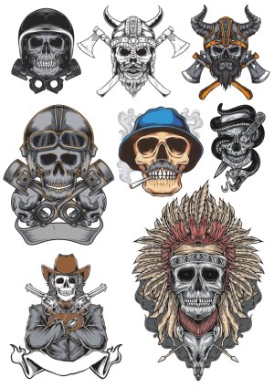 Set of Skull Illustrations with Helmets and Accessories Free Vector