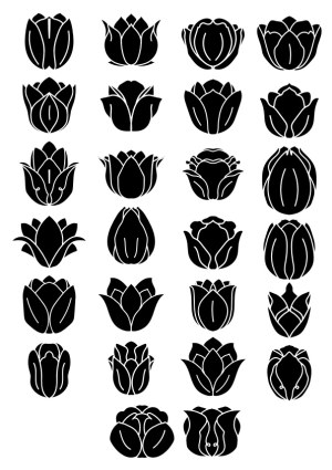 Set of 25 Black Tulip Flower Silhouettes Free Vector