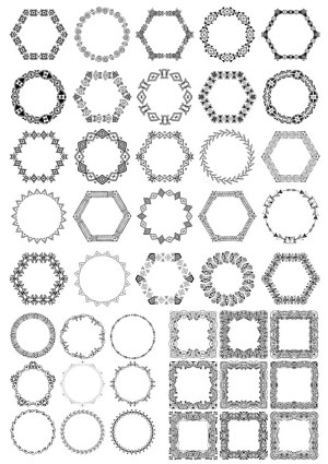 Collection of Black Geometric and Ornamental Circular and Hexagonal Borders Free Vector