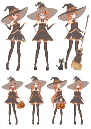Anime Style Halloween Witch Girl Vector Set with Accessories Free Vector