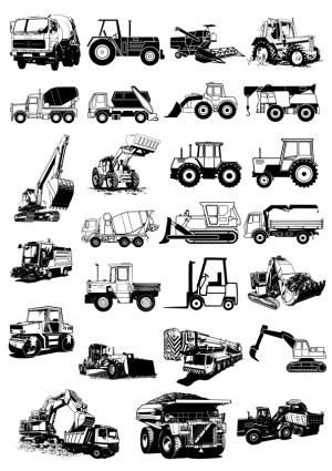 Black and White Silhouettes of Construction and Farm Vehicles Free Vector