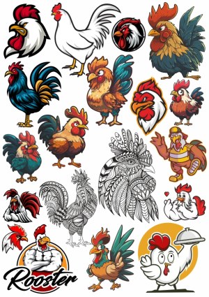 Colorful and Black Rooster and Chicken Vector Illustrations Free Vector