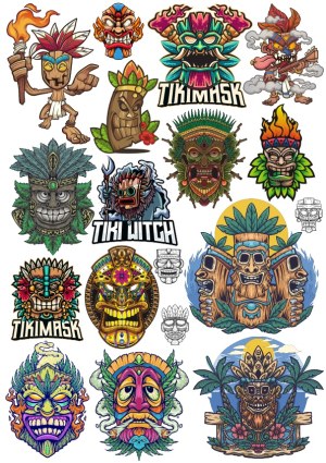 Colorful Tiki Masks and Polynesian-inspired Cartoon Characters Vector Set Free Vector