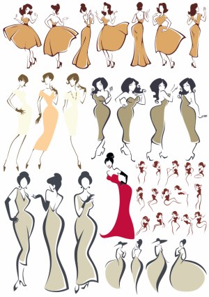 Stylized Vector Illustrations of Women in Elegant Dresses Free Vector