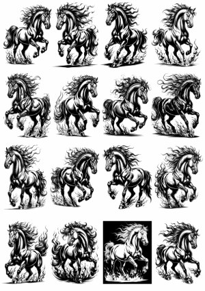 Black and White Dynamic Running Horses Vector Illustrations Free Vector