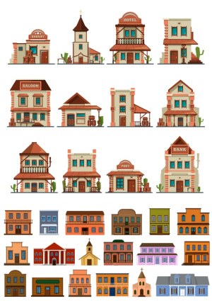 Western and Classic Small Town Buildings Vector Set Free Vector