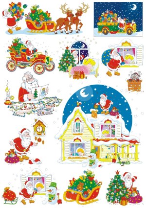 Christmas Santa Claus Scenes with Gifts, Reindeer, and Children Sleeping Free Vector