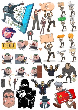Collection of Cartoon Thief and Criminal Characters in Various Stealing and Robbery Actions Free Vector