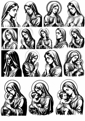 Black and White Vector Illustrations of Virgin Mary and Baby Jesus Free Vector