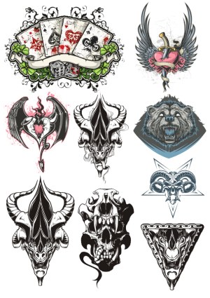 Set of Gothic and Fantasy Vector Designs with Skulls, Animals, and Symbolic Elements Free Vector