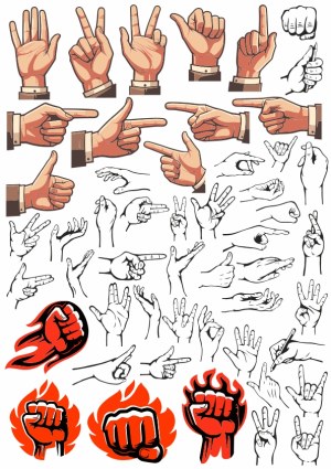 Collection of Hand Gestures and Fists with Flames Vector Illustrations Free Vector