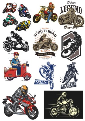 Motorcycle and Moto Rider Vector Illustrations Collection Free Vector