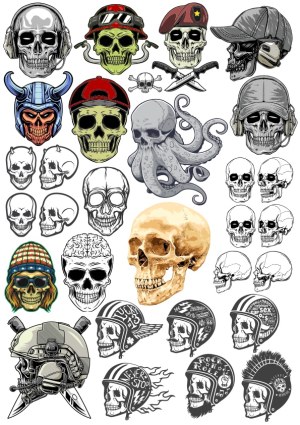 Collection of Skull and Skeleton Illustrations with Various Helmets and Accessories Free Vector