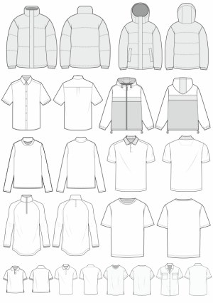 Technical Flat Sketches of Varied Outerwear and Shirts Free Vector