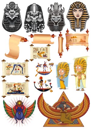 Ancient Egyptian Themed Vector Collection with Pharaohs, Scrolls, and Mythological Symbols Free Vector