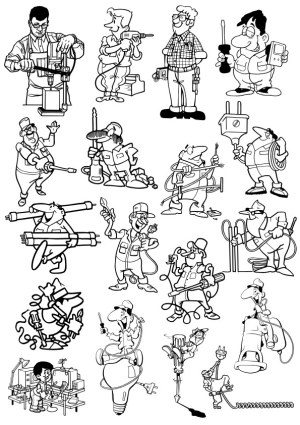 Black and White Cartoon Electricians and Handymen Vector Collection Free Vector