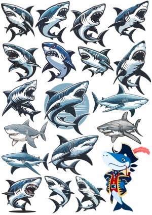 Collection of Aggressive Shark Illustrations and Pirate Shark Cartoon Free Vector