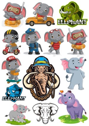 Collection of Cute and Cartoon Elephant Characters in Various Activities and Styles Free Vector