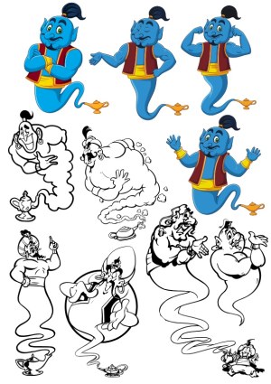Cartoon Genie Characters with Magic Lamp in Various Poses Free Vector